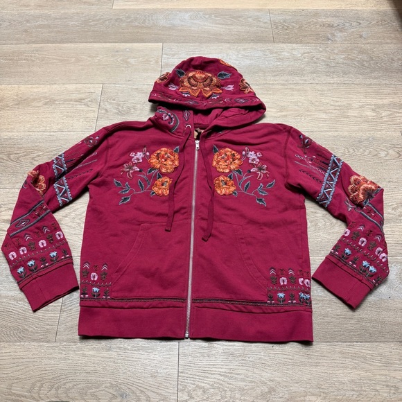 Driftwood Teddy Hoodie Floral Embroidered Full Zip Maroon NWOT Large Sweatshirt - Picture 2 of 11